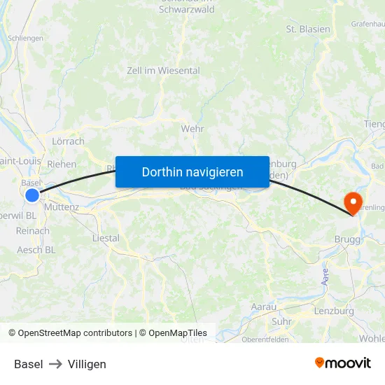 Basel to Villigen map