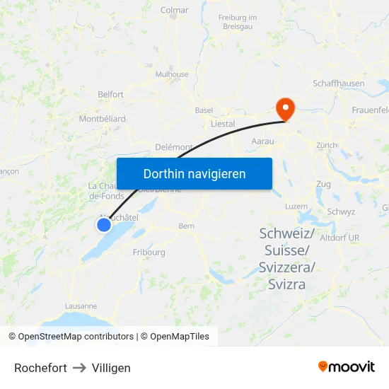 Rochefort to Villigen map