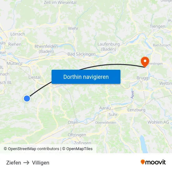 Ziefen to Villigen map
