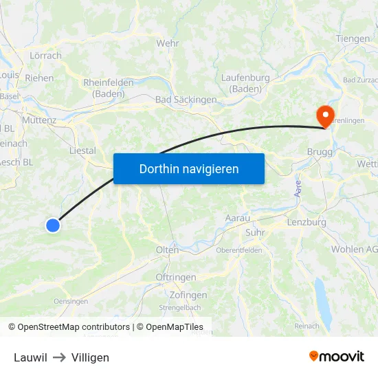 Lauwil to Villigen map