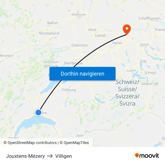 Jouxtens-Mézery to Villigen map