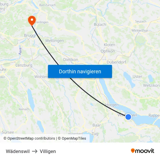 Wädenswil to Villigen map