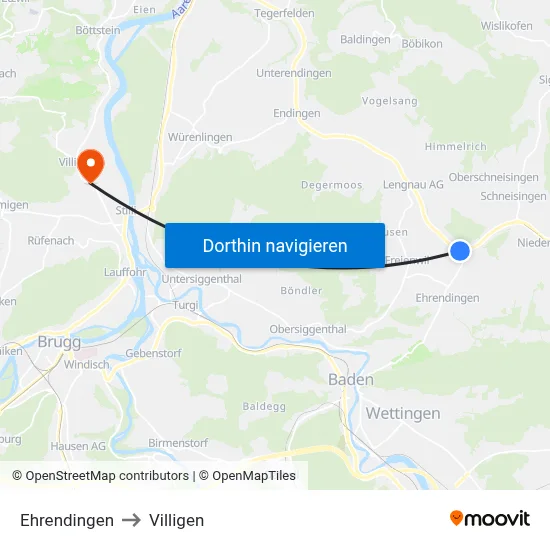 Ehrendingen to Villigen map