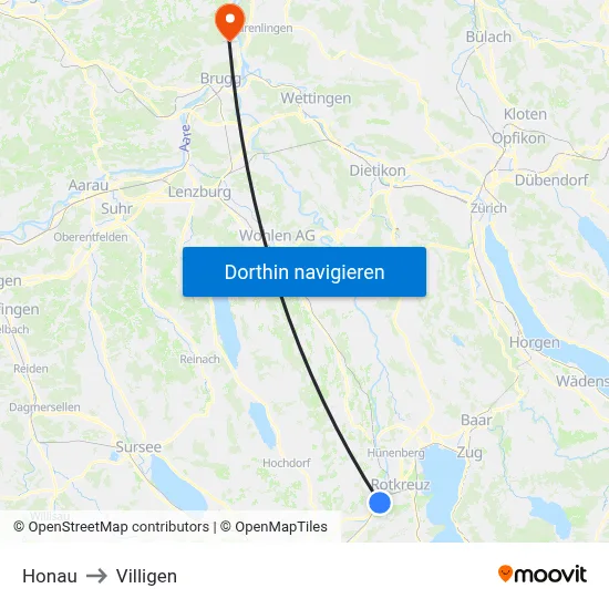 Honau to Villigen map