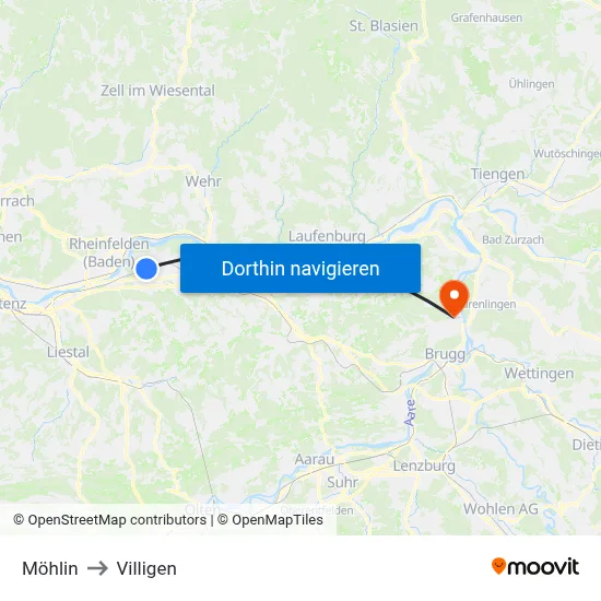 Möhlin to Villigen map