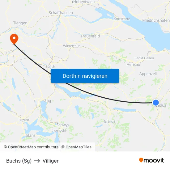 Buchs (Sg) to Villigen map