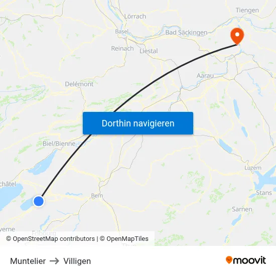 Muntelier to Villigen map