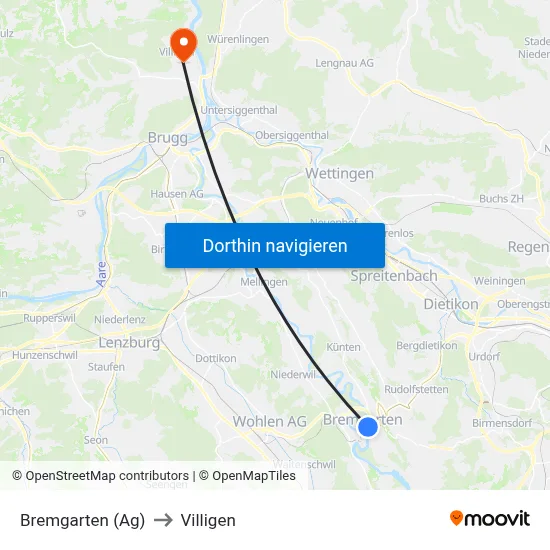 Bremgarten (Ag) to Villigen map