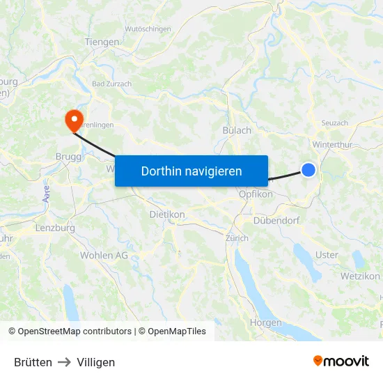 Brütten to Villigen map