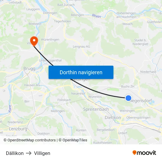 Dällikon to Villigen map