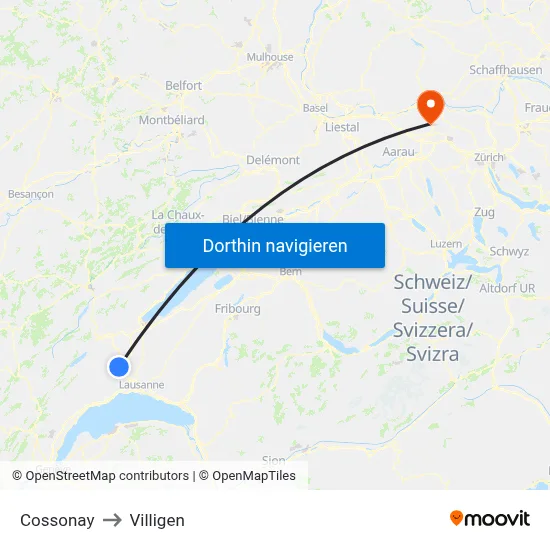 Cossonay to Villigen map