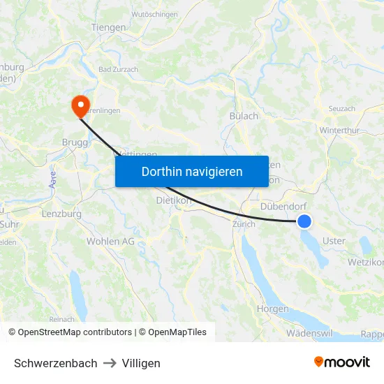Schwerzenbach to Villigen map