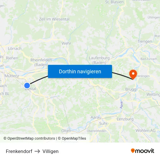 Frenkendorf to Villigen map