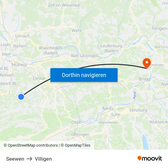 Seewen to Villigen map