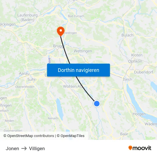 Jonen to Villigen map