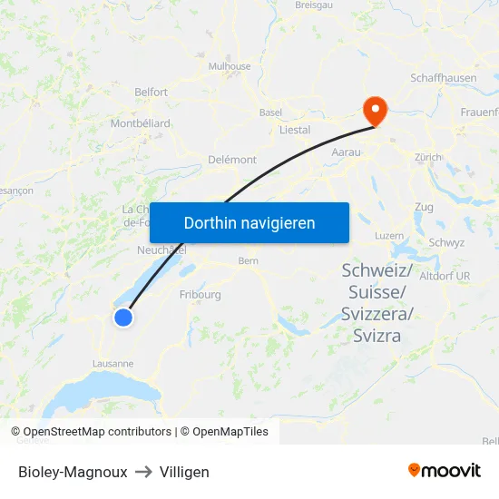 Bioley-Magnoux to Villigen map