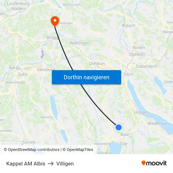 Kappel AM Albis to Villigen map
