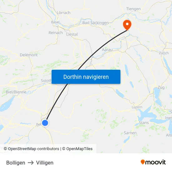 Bolligen to Villigen map