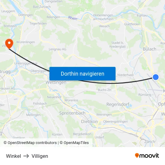 Winkel to Villigen map