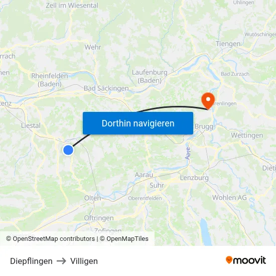 Diepflingen to Villigen map