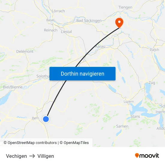 Vechigen to Villigen map
