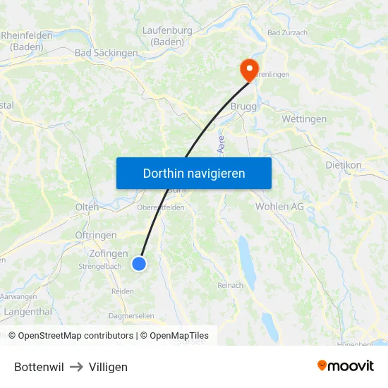 Bottenwil to Villigen map