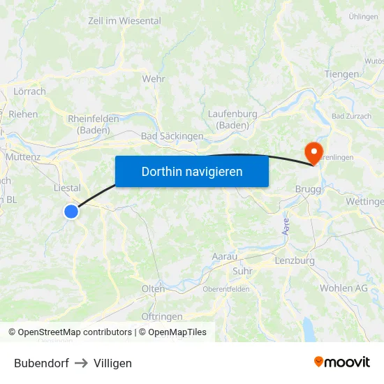 Bubendorf to Villigen map
