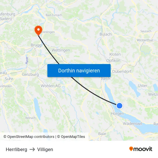 Herrliberg to Villigen map