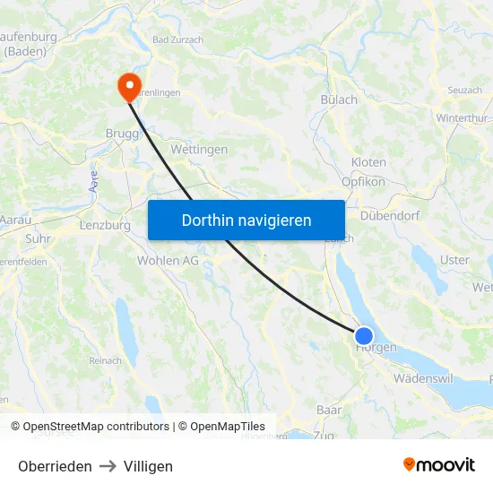 Oberrieden to Villigen map