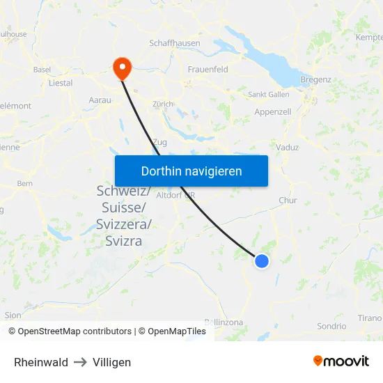 Rheinwald to Villigen map