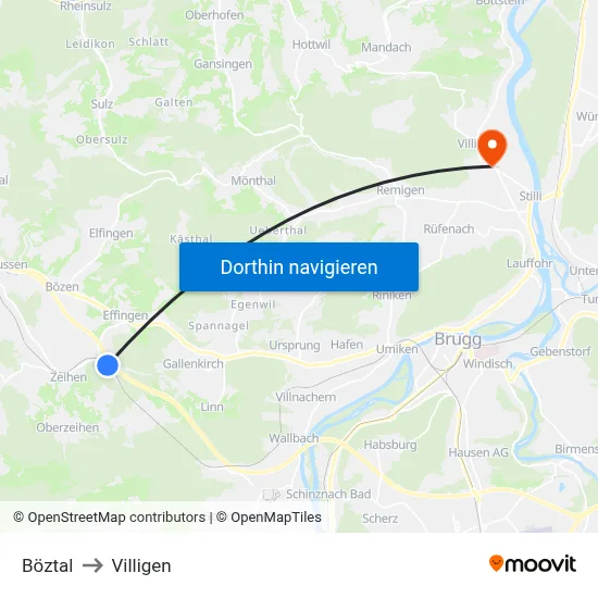 Böztal to Villigen map