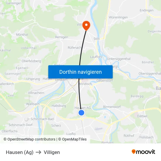 Hausen (Ag) to Villigen map