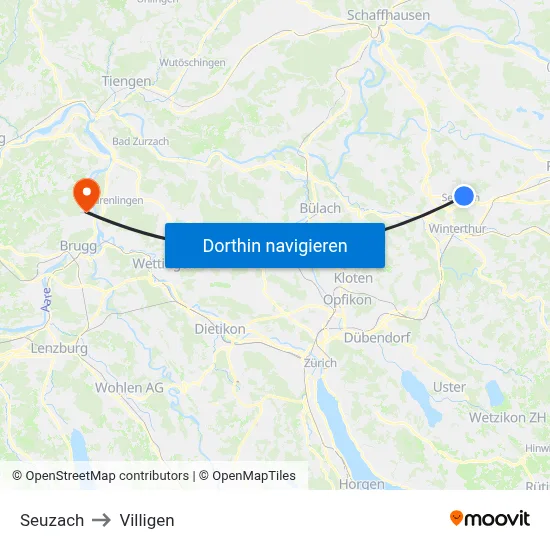 Seuzach to Villigen map