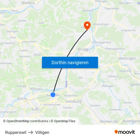 Rupperswil to Villigen map