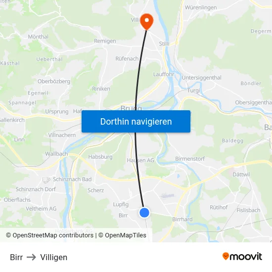 Birr to Villigen map