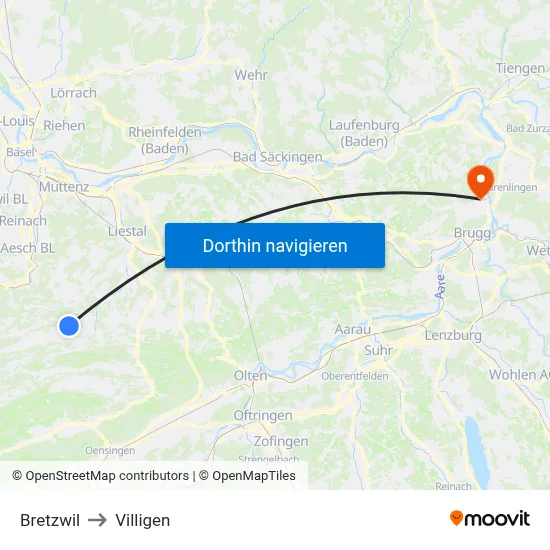 Bretzwil to Villigen map