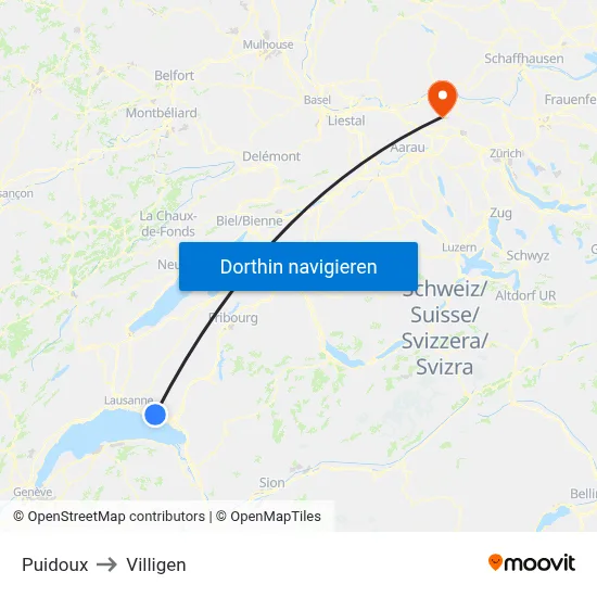 Puidoux to Villigen map