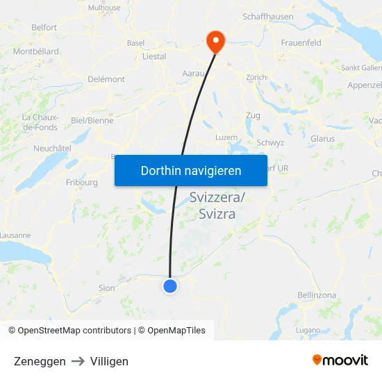Zeneggen to Villigen map
