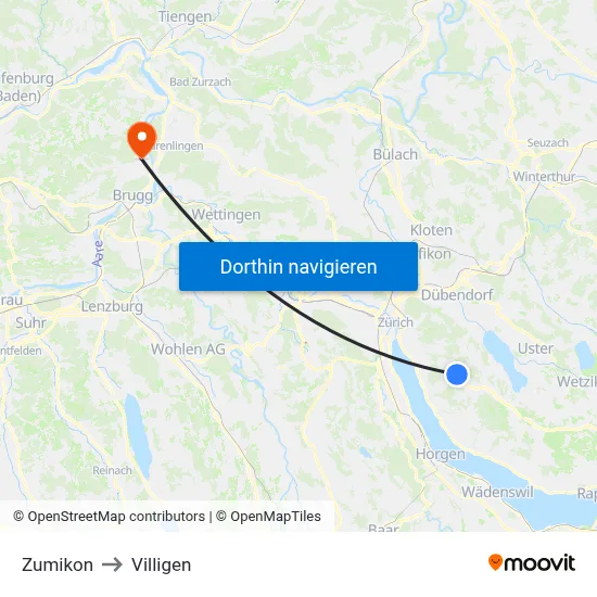Zumikon to Villigen map