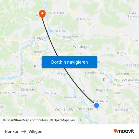 Berikon to Villigen map