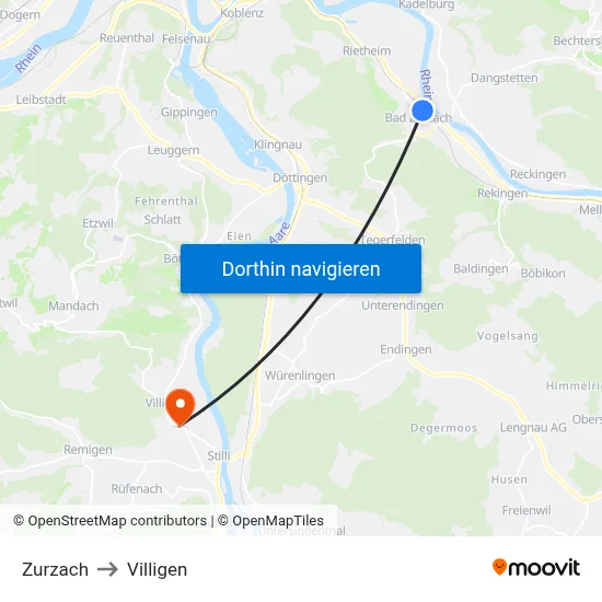 Zurzach to Villigen map