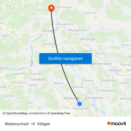 Waltenschwil to Villigen map