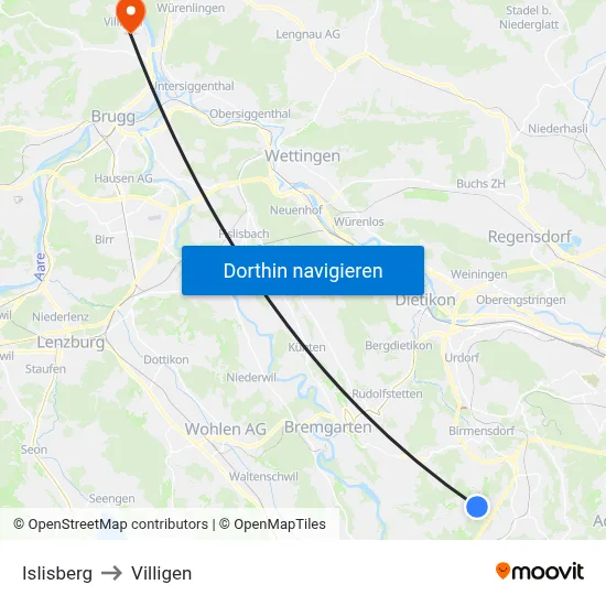 Islisberg to Villigen map