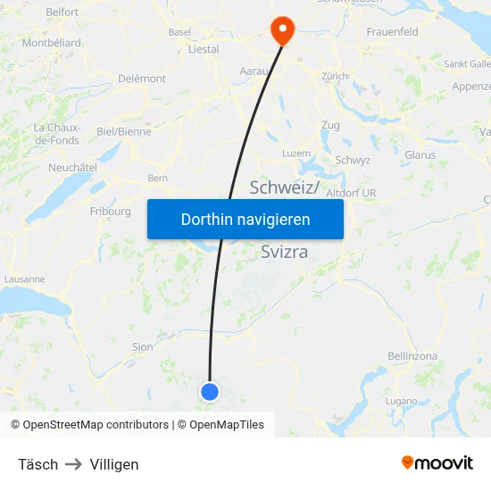Täsch to Villigen map