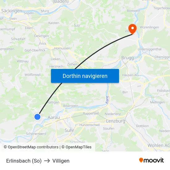 Erlinsbach (So) to Villigen map