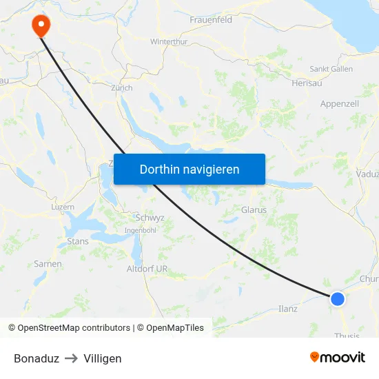 Bonaduz to Villigen map