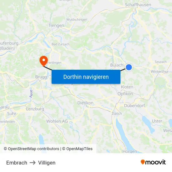Embrach to Villigen map
