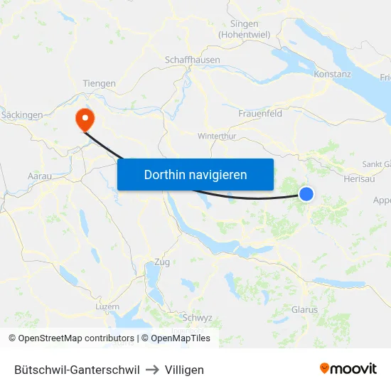 Bütschwil-Ganterschwil to Villigen map