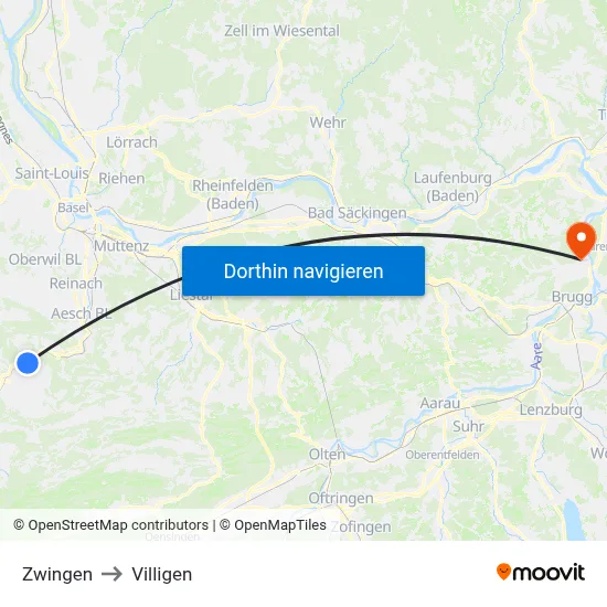 Zwingen to Villigen map