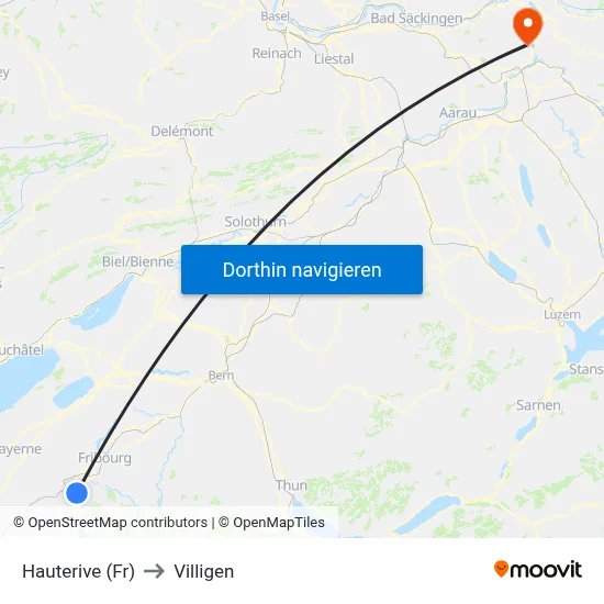 Hauterive (Fr) to Villigen map